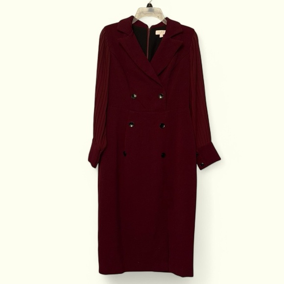 Ted Baker London Stunning maroon midi dress sheer sleeves pleated size "2" US 6 - Picture 1 of 14